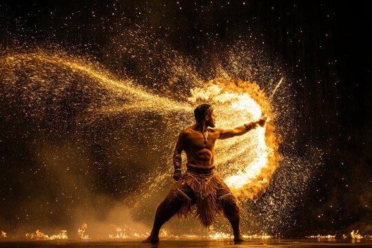 Fire dancer performs dazzling performance with vibrant flames in a night show