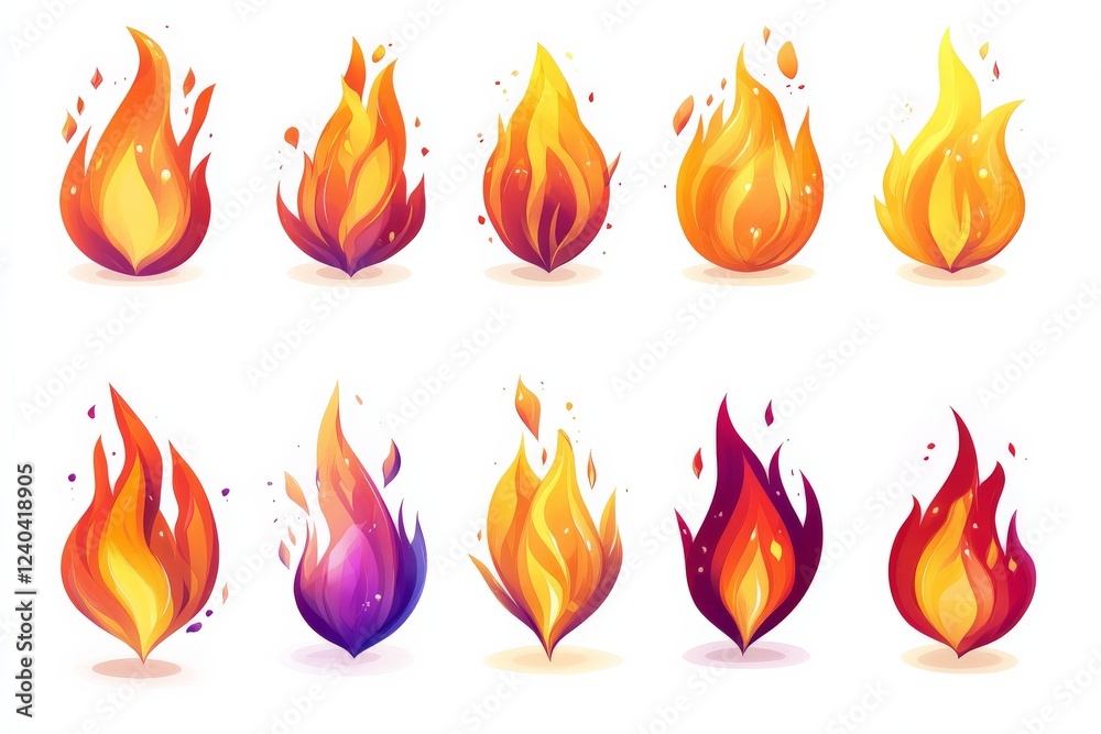 Poster varieties of fire illustrations showcasing different shapes and colors for design and art projects