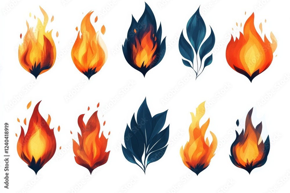 Poster colorful illustrations of fire and flame designs in various shapes and sizes for creative projects o