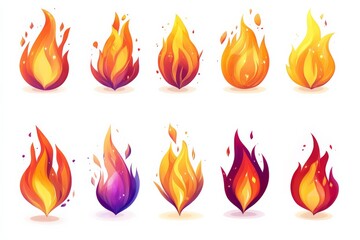 Varieties of fire illustrations showcasing different shapes and colors for design and art projects