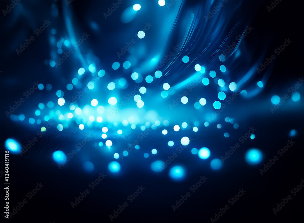 Poster Abstract image of glowing blue bokeh lights, creating dynamic, swirling patterns against a dark background. The effect suggests movement and energy.