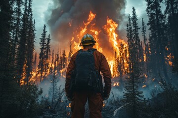 Obraz premium Firefighter observes raging wildfire in dense forest during evening hours