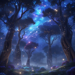 a vibrant constellation sprawled across the starry night sky above a lush, dense forest, created by generative ai