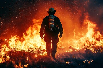 Firefighter confronts raging wildfire during critical rescue operation at dusk