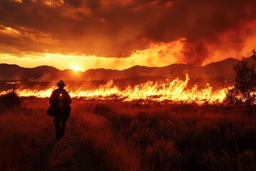 Obraz premium Firefighter battles intense wildfire at sunset near mountains in a dramatic atmosphere