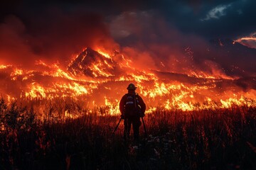 Fototapeta premium Fiery blaze engulfs landscape as firefighter stands ready against raging wildfire at dusk
