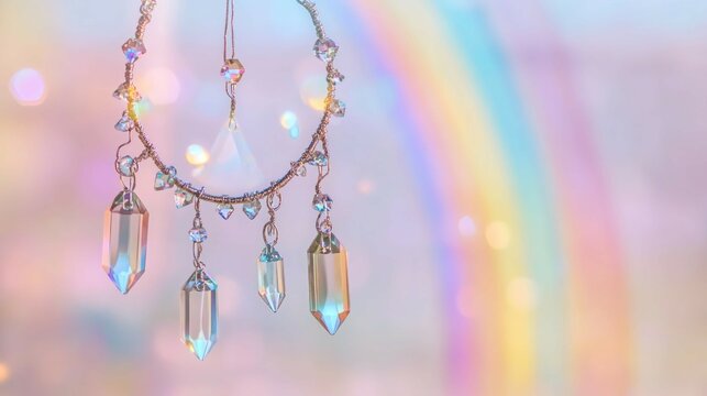 A whimsical rainbow suncatcher with dangling crystal prisms, hanging in front of a blurred pastel background.