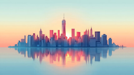 Fototapeta premium Illustration of modern buildings and city skyline reflections at dusk