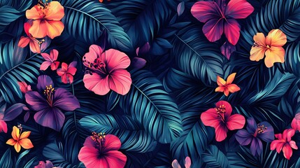 Vivid Tropical Hibiscus Flowers and Lush Green Leaves