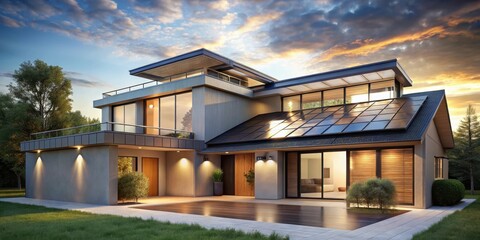 Fototapeta premium A futuristic front view of a contemporary house featuring a long and rectangular roofline with multiple skylights and solar panels on the rooftop , solar panels, contemporary architecture