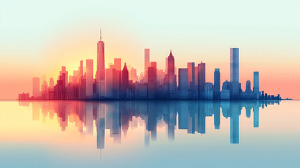 Fototapeta premium Illustration of modern buildings and city skyline reflections at dusk