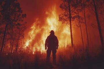 Fototapeta premium Firefighter stands against raging wildfire under ominous glow of flames at dusk