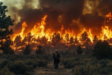 Fototapeta premium Firefighter approaches raging wildfire engulfing trees in forest during sunset