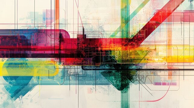 An abstract composition showing a blend of education and technology, with colorful lines representing online learning pathways.