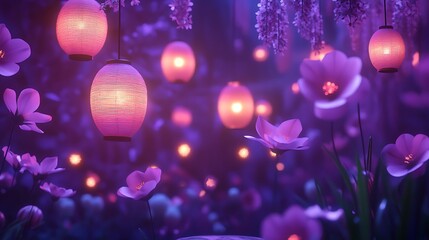 Pink Paper Lanterns and Flowers Illuminated in a Purple Forest