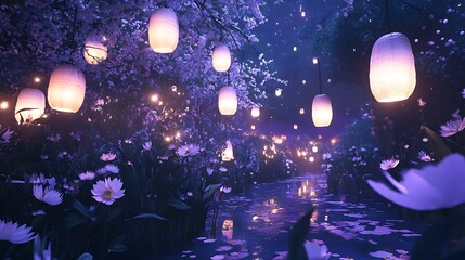 Obraz premium Enchanting Nighttime Scene with Floating Lanterns and Flowers