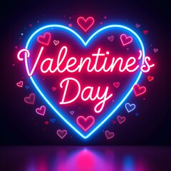 A vibrant 3D Valentine's Day neon sign with hearts and love symbols.  