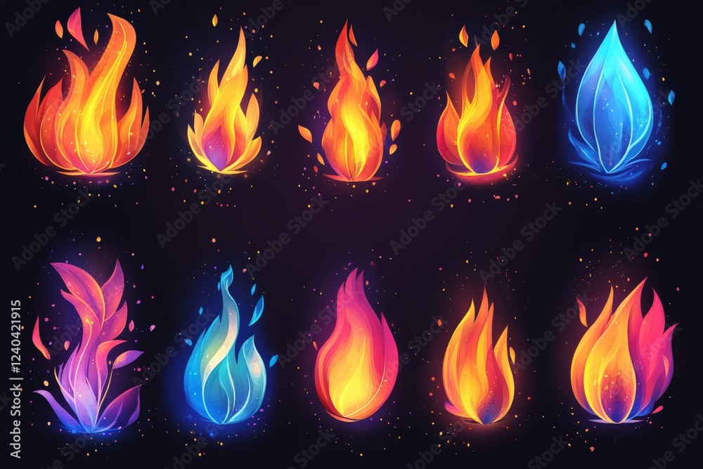 Aufkleber Colorful flame illustrations showcasing various styles and forms of fire on a dark background