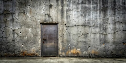 A weathered metal door set within a distressed concrete wall, exhibiting a network of cracks and discoloration