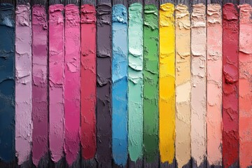 Colorful assortment of textured paint swatches arranged in a vibrant spectrum on a dark background