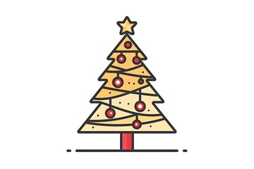 Clean linear icon of a Christmas tree with red and gold ornaments, simple lines, minimalistic and elegant design,.
