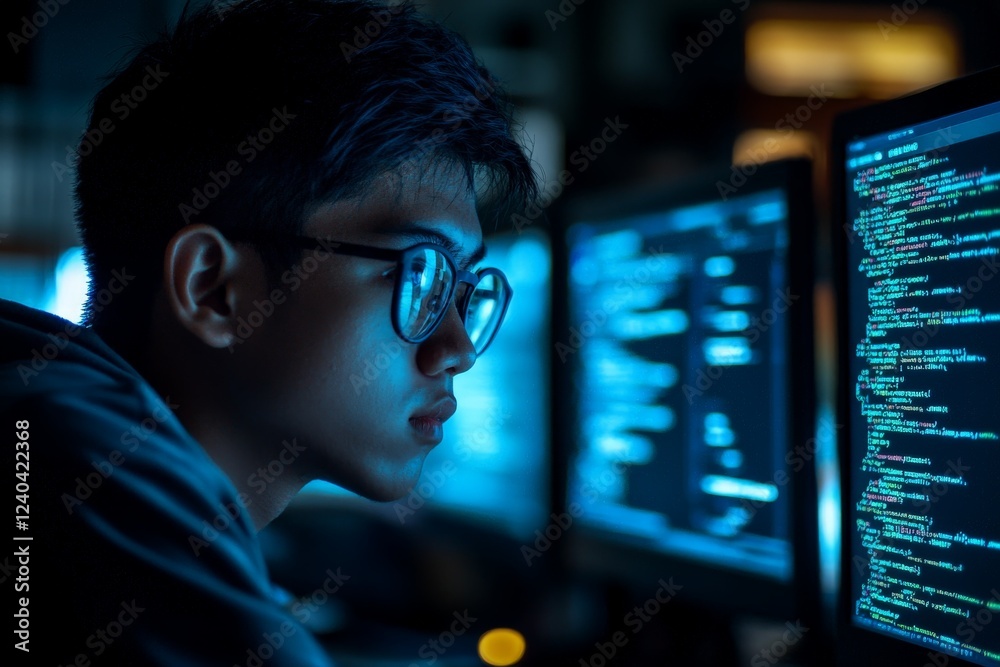 Poster young adult engaged in coding work inside a dimly lit tech workspace during late hours of the night