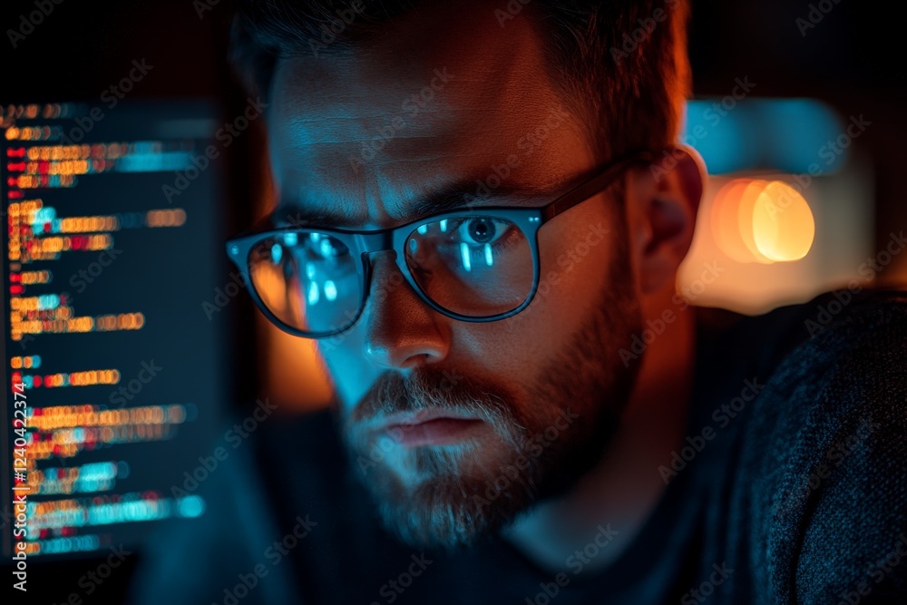 Fototapete Focused individual working intently on computer programming at night in a dimly lit environment