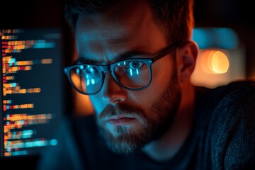Focused individual working intently on computer programming at night in a dimly lit environment