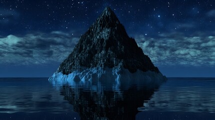 Mysterious Night Island, Dark Mountain Peak in Starry Ocean