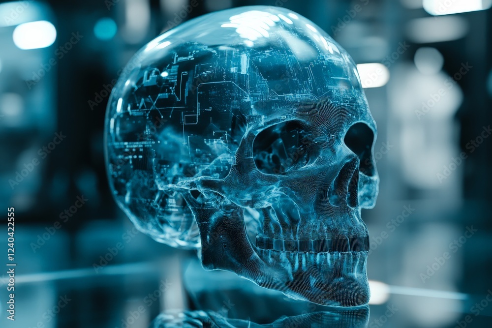 Aufkleber Digital skull model showcasing intricate neural networks and circuitry in a high-tech environment