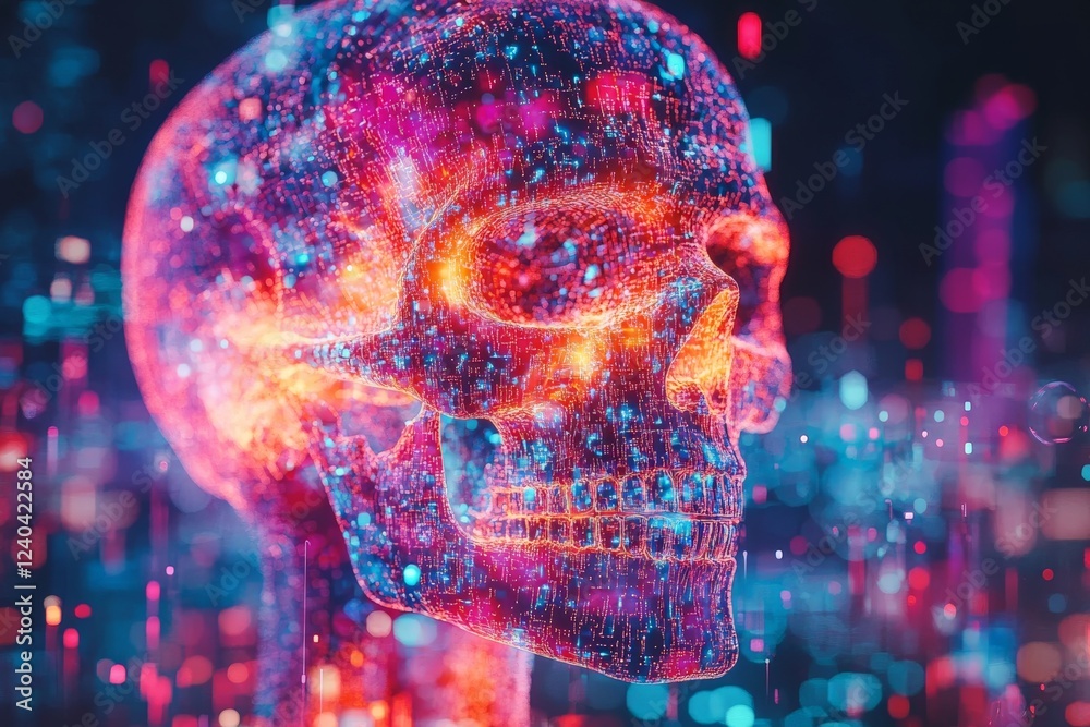 Poster colorful digital skull illuminated by vibrant particles in a futuristic setting at night