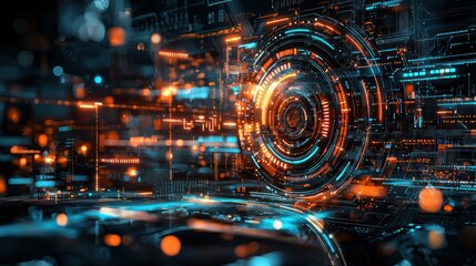 An abstract representation of future innovation with glowing holograms and advanced digital displays.