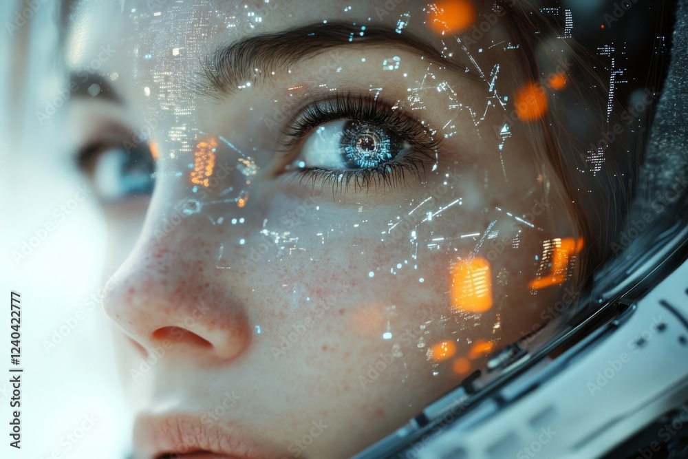 Poster captivating gaze of a space explorer immersed in cosmic technology and virtual data