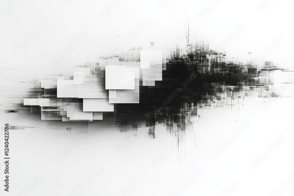 Poster abstract black and white digital artwork showcasing geometric shapes and dynamic flow