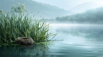Serene lakeside view with a bird's nest nestled in reeds