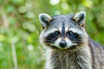 Fototapeta premium Portrait of a raccoon with curious eyes, captured in its natural habitat, surrounded by green foliage.