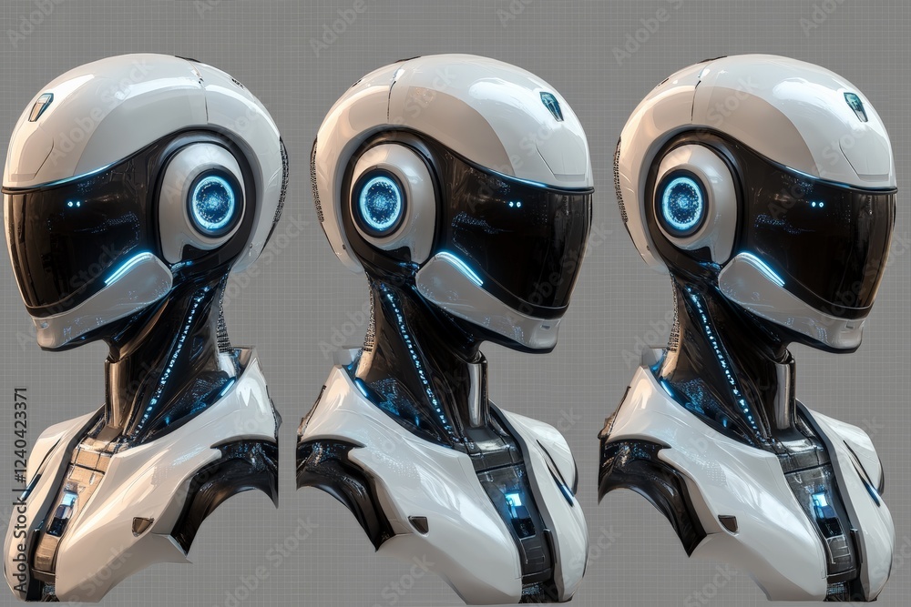 Aufkleber Futuristic robot head design showcasing advanced technology and sleek aesthetics in a three-quarter view