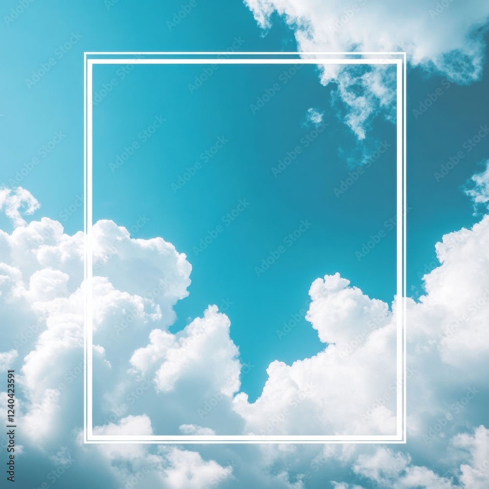 Poster Clear blue sky with fluffy white clouds and an empty rectangular space for text insertion ideal for creative projects. Generative AI