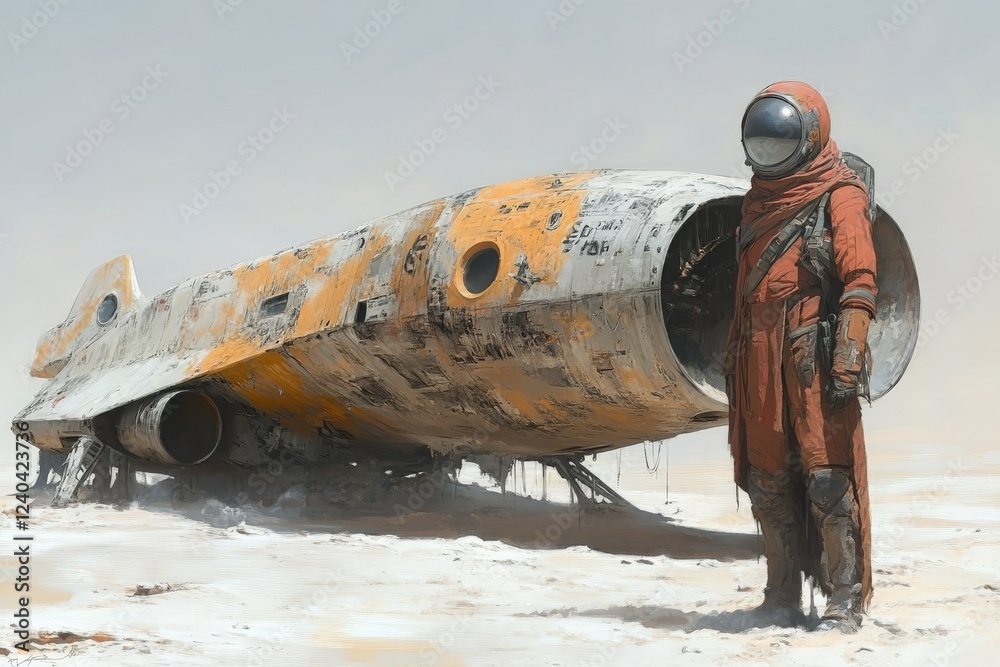 Poster Rusty spacecraft and astronaut in a desolate landscape on a distant planet