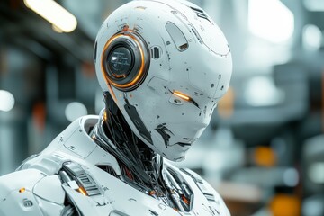 Fototapeta premium Advanced humanoid robot displaying intricate design and technology in a modern setting