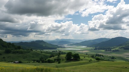 Fototapeta premium Serene panoramic view of lush green valley, rolling hills, and a river under a cloudy sky, ideal for nature and travel photography.