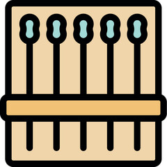 Five matches with light blue phosphorus tips are arranged in a matchbox, ready to be struck against the striking surface