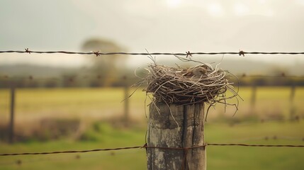 Minimalist design bird's nest on a rustic fence post in a calm field