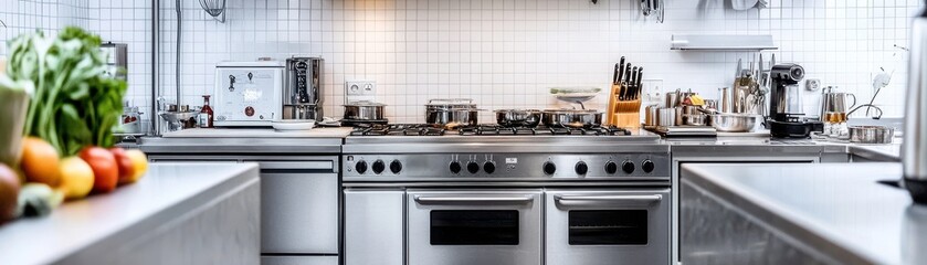 A modern kitchen featuring stainless steel appliances, a clean countertop, and fresh vegetables, showcasing a bright and organized cooking space.