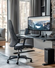 A modern workspace featuring a sleek desk, ergonomic chair, large monitor displaying a mountain scene, and warm lighting in a cozy setting.
