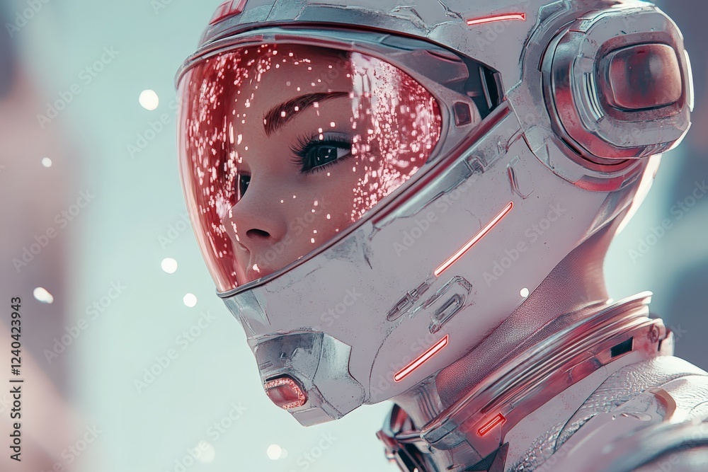 Poster Futuristic astronaut exploring a new planet in a stunning, high-tech spacesuit with a reflective helmet