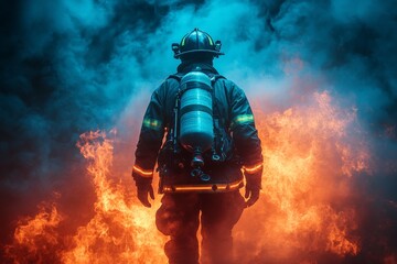 Obraz premium Firefighter responds to blaze with determination amidst smoke and flames in dramatic rescue operation