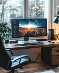 A stylish home office setup featuring a large monitor displaying a starry landscape, surrounded by plants and modern decor.