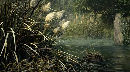 Serene riverbank with a bird's nest nestled among tall grasses