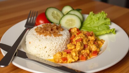Delicious rice dish with flavorful curry, fresh vegetables and savory topping